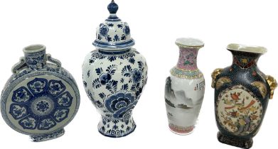 Selection of oriental vases and a delft vase (a/f), tallest piece measures approximately 17 inches