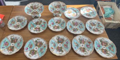 Antique Dresden quatrefoil Helena Wolfjohn 12 plates and 2 comports, bone china