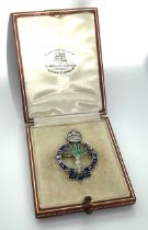 Superb platinum and 15ct gold diamond and enamel welsh guards sweetheart brooch in original fitted