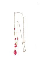 9ct Gold Art deco style ladies pink stone drop necklace total weight 5 grams