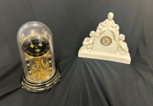 Chalk mantel clock, dome mantle clock, both untested, tallest measures 12 inches