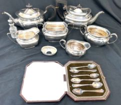 2 Silver plated tea sets together with a cased set of silver plated teaspoons