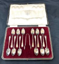 Cased set of hallmarked silver teaspoons and sugar tongs, approximate silver weight 211g