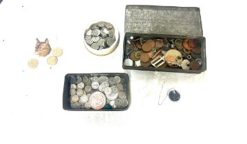 Selection of old coins, three old pound coins, foreign coins etc