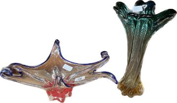 2 Pieces of coloured art glass includes vase and a bowl, tallest measures approximately 14 inches