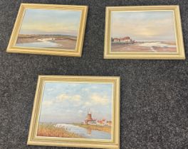 Three framed vintage oils on board depicting Sea side scenes two signed P.H.Cramphor largest