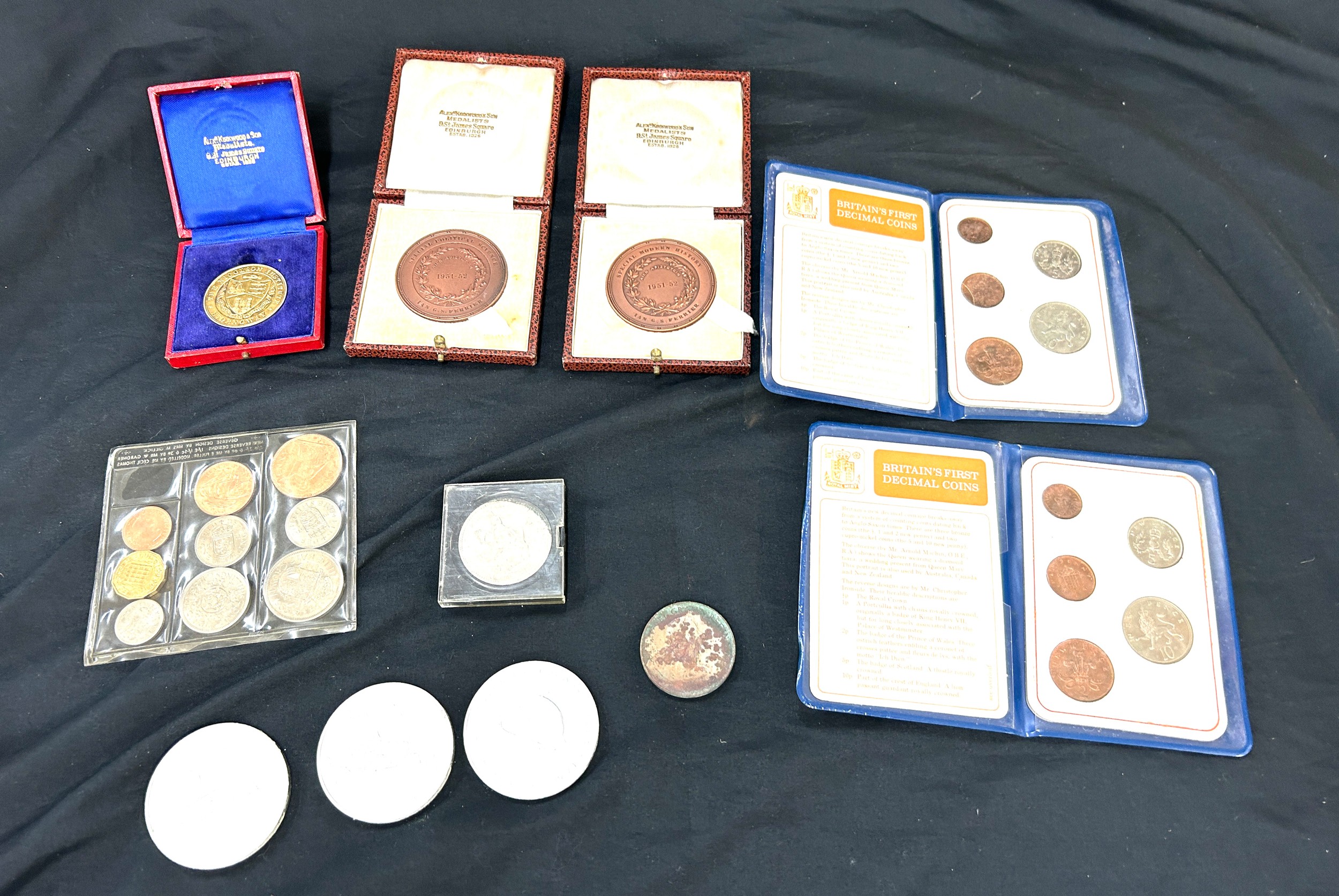 Selection of cased presentation medals, crowns, various old coins etc