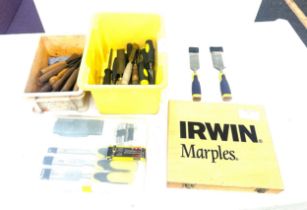 Irwin marples chisel set and 2 other Irwin marples, 20 vintage wooden chisels, plus additional 21