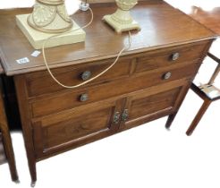 Mahogany inlaid 2 door 3 drawer small sideboard measures approximately 32 inches tall 42 inches wide