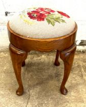 Oak and tapestry queen anne stool approx height 20 inches tall by 16 inches diameter