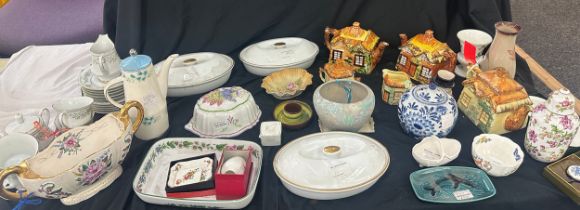 Large selection of miscellaneous items includes cottage tea pots, cornish ware, royal crown derby