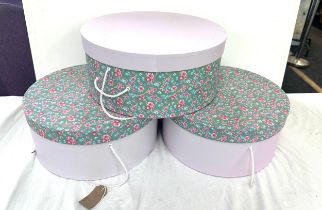 Three vintage hat boxes measures approx 16 inches diameter by 7 inches tall