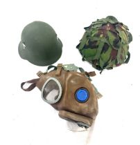 2 Vintage military helmets, 1 gas mask