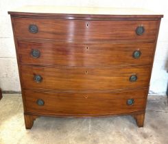 Antique mahogany bow front chest measures approx 45 inches wide, 24 deep and 42 inches tall