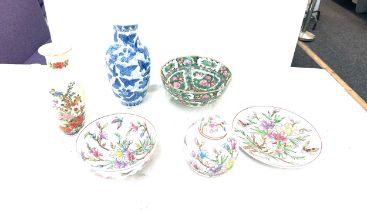 Selection of oriental items to include vases, bowls some have marks to base