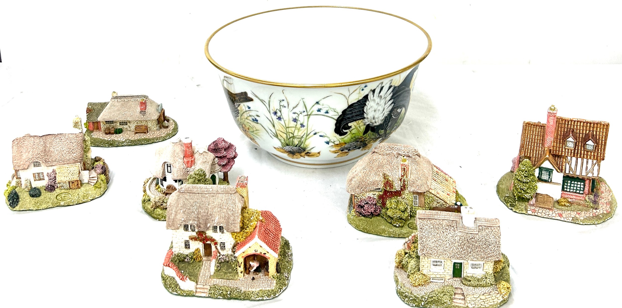 Franklin porcelain bowl depicting game birds, together with 7 cottage ornaments
