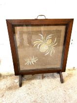 Oak framed tapestry fire screen measures approx 31 inches tall by 26 inches wide