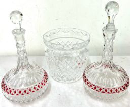 Pair Ruby cut glass decanters, moulded glass vase, height of decanter with stopper 10 inches