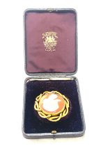 Victorian cameo brooch in antique jewellery case. Size of brooch approx 5.5 cm x 5cm