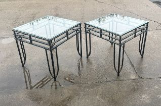 Pair of glass and metal lamp tables measures approx 22 inches tall by 24 inches wide and deep