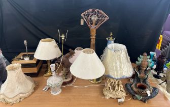 Selection various porcelain and wooden table lamps all untested, some with shades