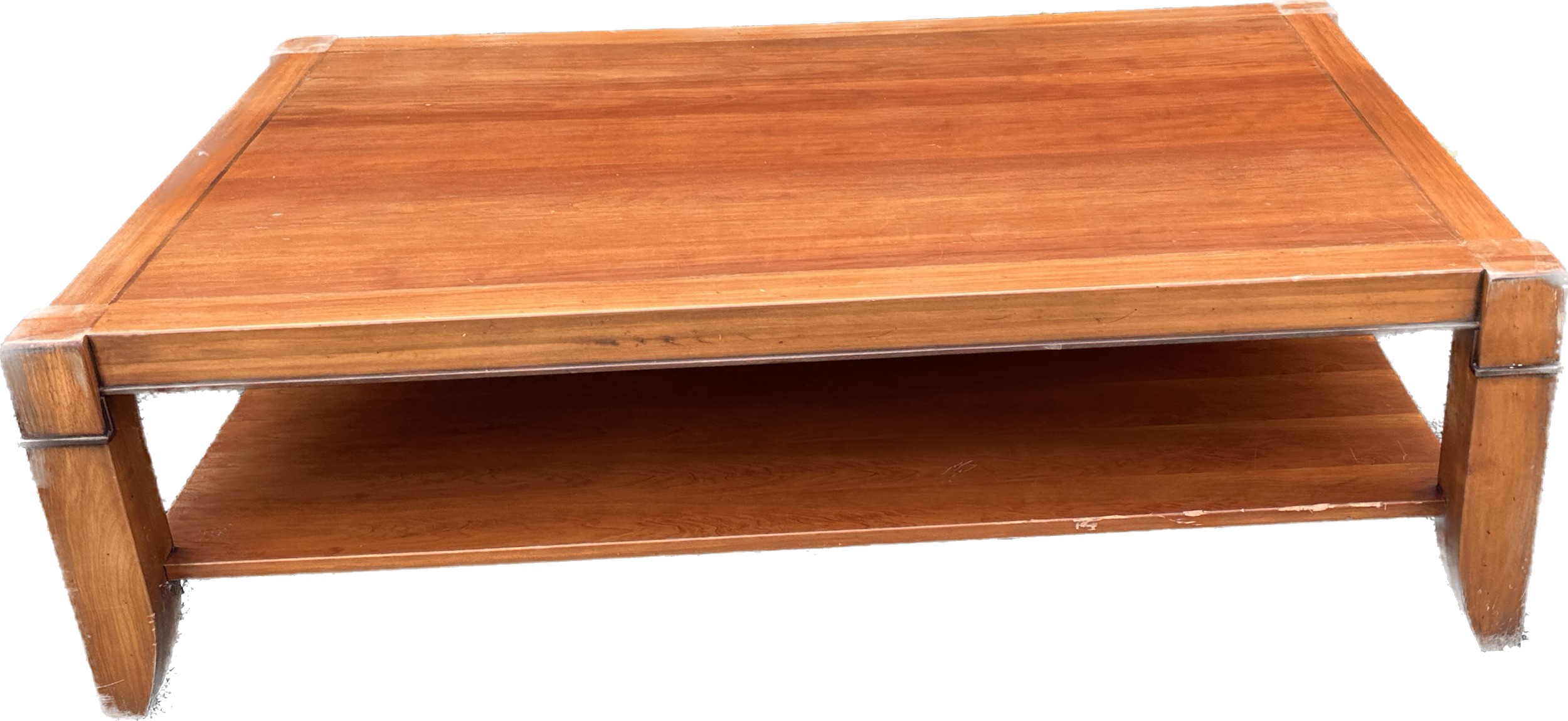 Large 1 shelf cherry wood coffee table measures approx 19 inches tall by 63 inches wide and 39.5