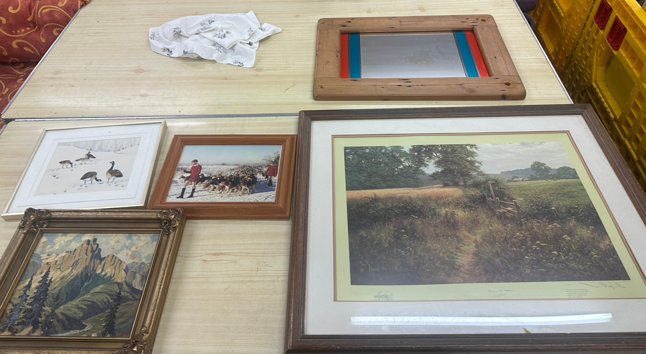 Selection of framed prints and one signed painting and a mirror largest measures approx 34.5