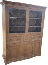 Pine 3 drawer 2 door glazed kitchen cabinet measures approximateky 71 inches tall 57 inches wide