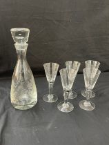 vintage etched glass decanter and 5 glass set