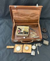 Leather travelling case containing pocket watches, whistle, lighter, watches, travelling clock etc