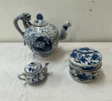 3 Pieces of blue and white Chinese pottery, marks to base on the tea pot