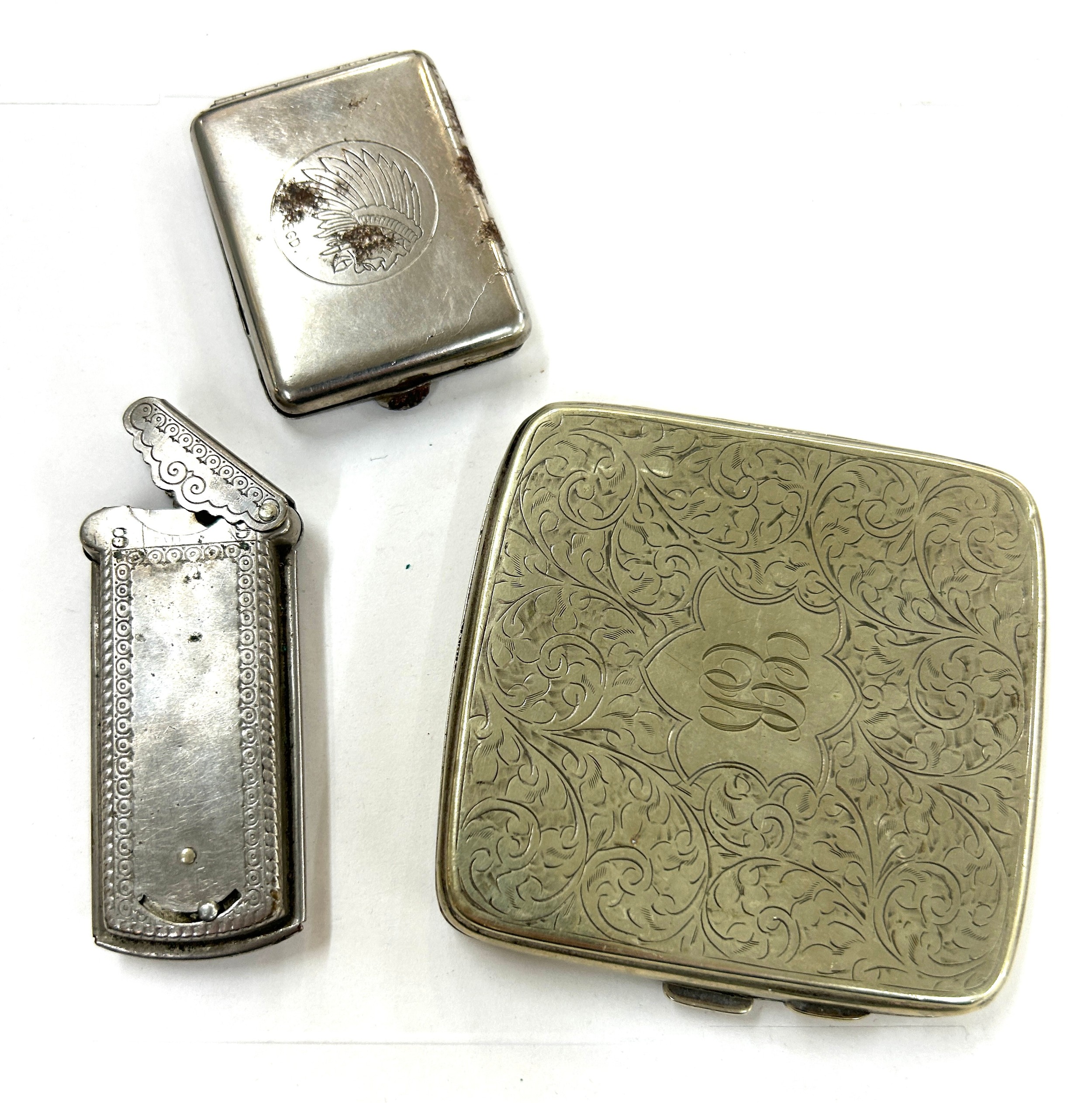 Vintage plated cigarette case, razor blade holder etc