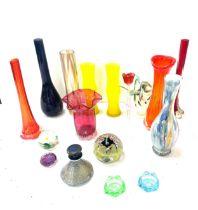 Selection of coloured and art glassware to include paperweights, vases etc