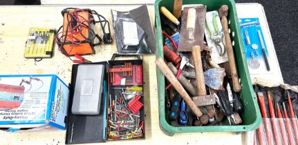 Large selection of tools to include hammers, chisels, battery chargers, spanners etc