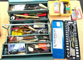 Metal tool box with contents to include a 62 piece socket set