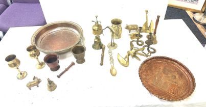 Selection of brassware, copper ware to include items such as tray, ornaments, goblets etc