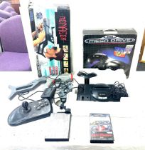 Boxed Sega Mega drive, Menacer gun accessory, arcade poer stick, 2 games, all untested