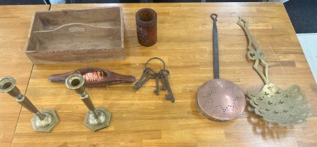 Selection of wooden and metal ware items to include brass candle sticks, keys etc