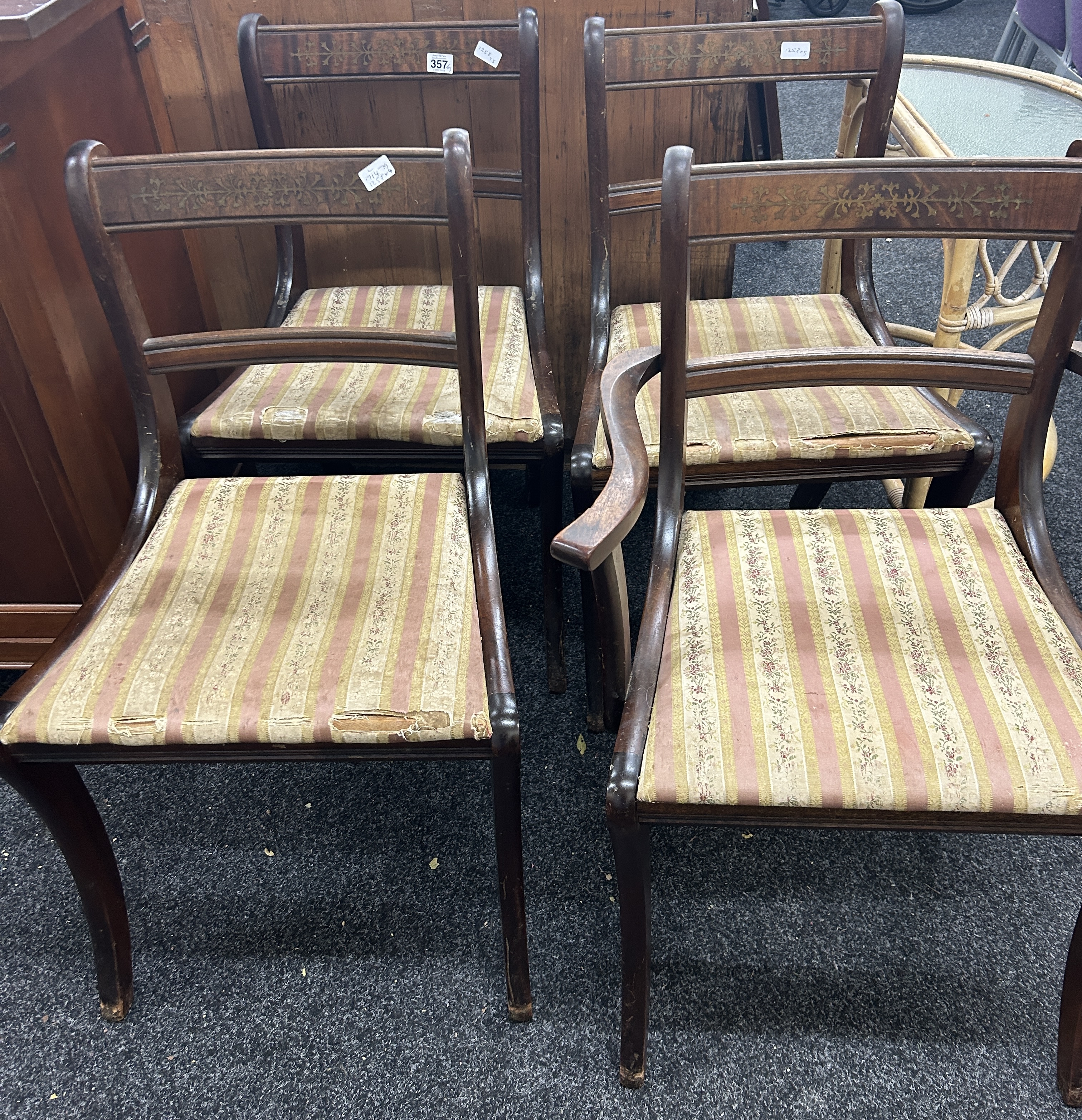 Set of four regency dining room chairs and cane half moon hall table