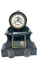 Vintage French Slate two key hole mantle clock with key and pendulum measures approx 19 inches