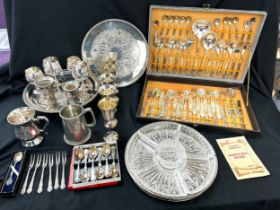 Large selection of metal ware includes silver plate, canteen of cutlery etc