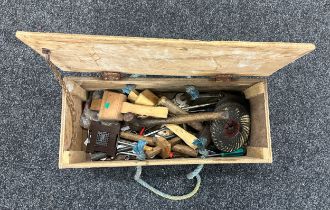 Vintage wooden toolbox with contents hammers, mallets, spanners etc