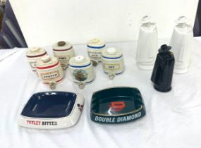 Selection of drinking ephemera includes wedgwood moonstone sandeman decanters, wade, wade barrels,