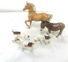 Beswick horse prancing Arab model 1261 Palamino gloss, Beswick Donkey, 3 Beswick hounds, all in good