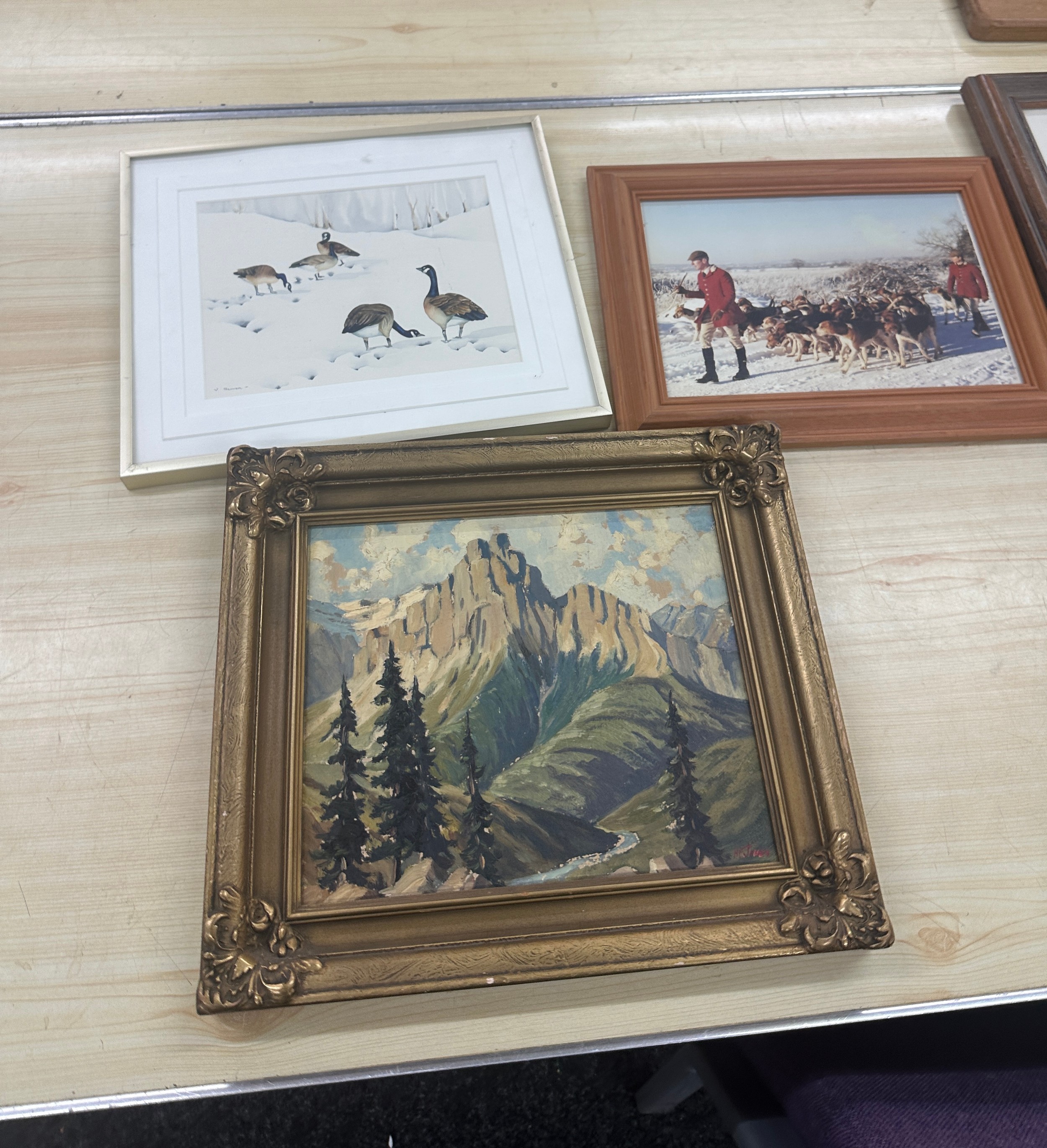 Selection of framed prints and one signed painting and a mirror largest measures approx 34.5 - Image 3 of 5