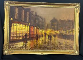 Vintage gilt framed oil on canvas depicting a Victorian city scene signed John Bampfield measures