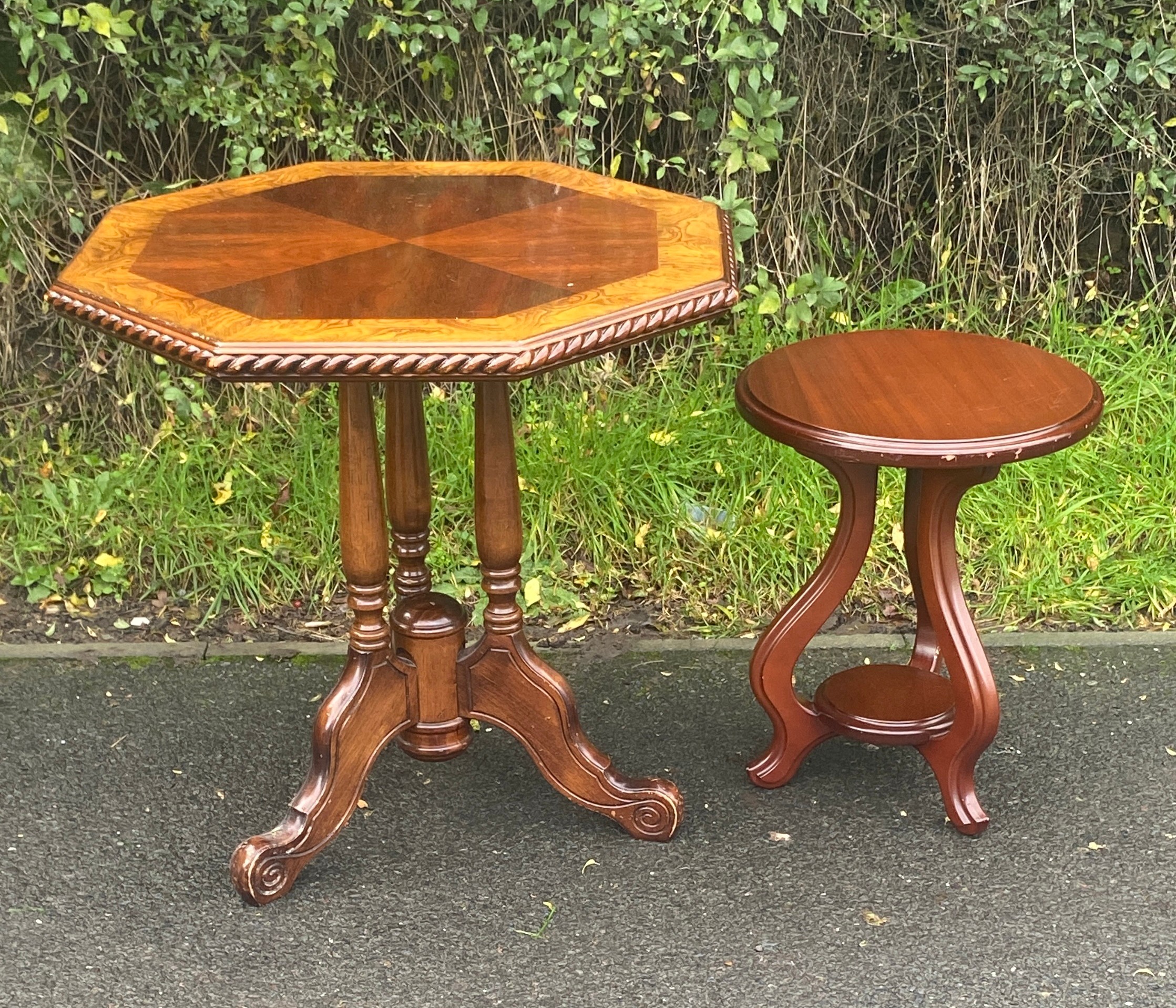 2 Vintage occasional tables, largest measures approximately 26 inches tall 26.5 inches wide