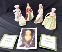 Selection of porcelain figurines to include Isabella of Spain and Marie Antoinette by John