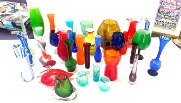 Selection of coloured glassware to include vases, jugs etc