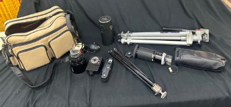 Selection of camera equipment to include flash, stands, lens, tri pods etc